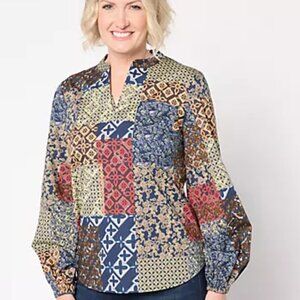 Boho Colorful Patchwork Popover Long Sleeve Blouse.  Plus Size